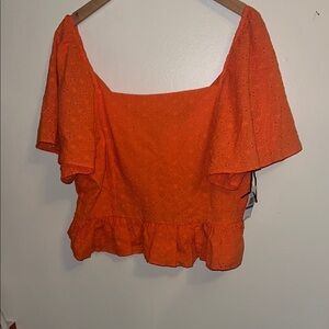 Cropped Orange Eyelet Ruffle Top with Tie Back